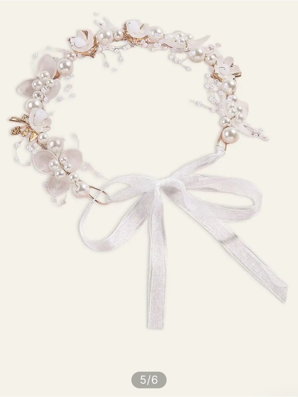 Azazie White Pearl & Floral Ribbon Headpiece